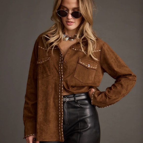 Brown Suede button down top - Picture 2 of 8